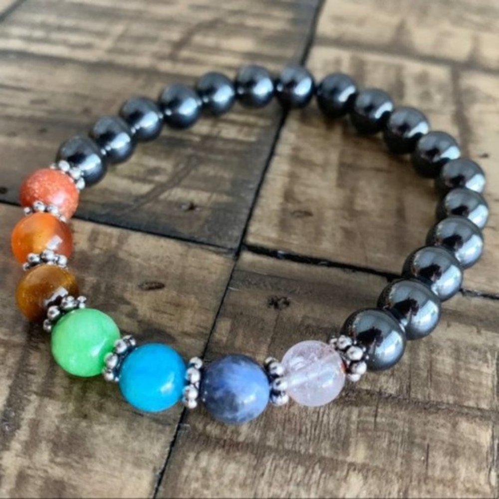 2pc 7 Chakra Hematite Stretch Bracelet - Picture 3 of 5